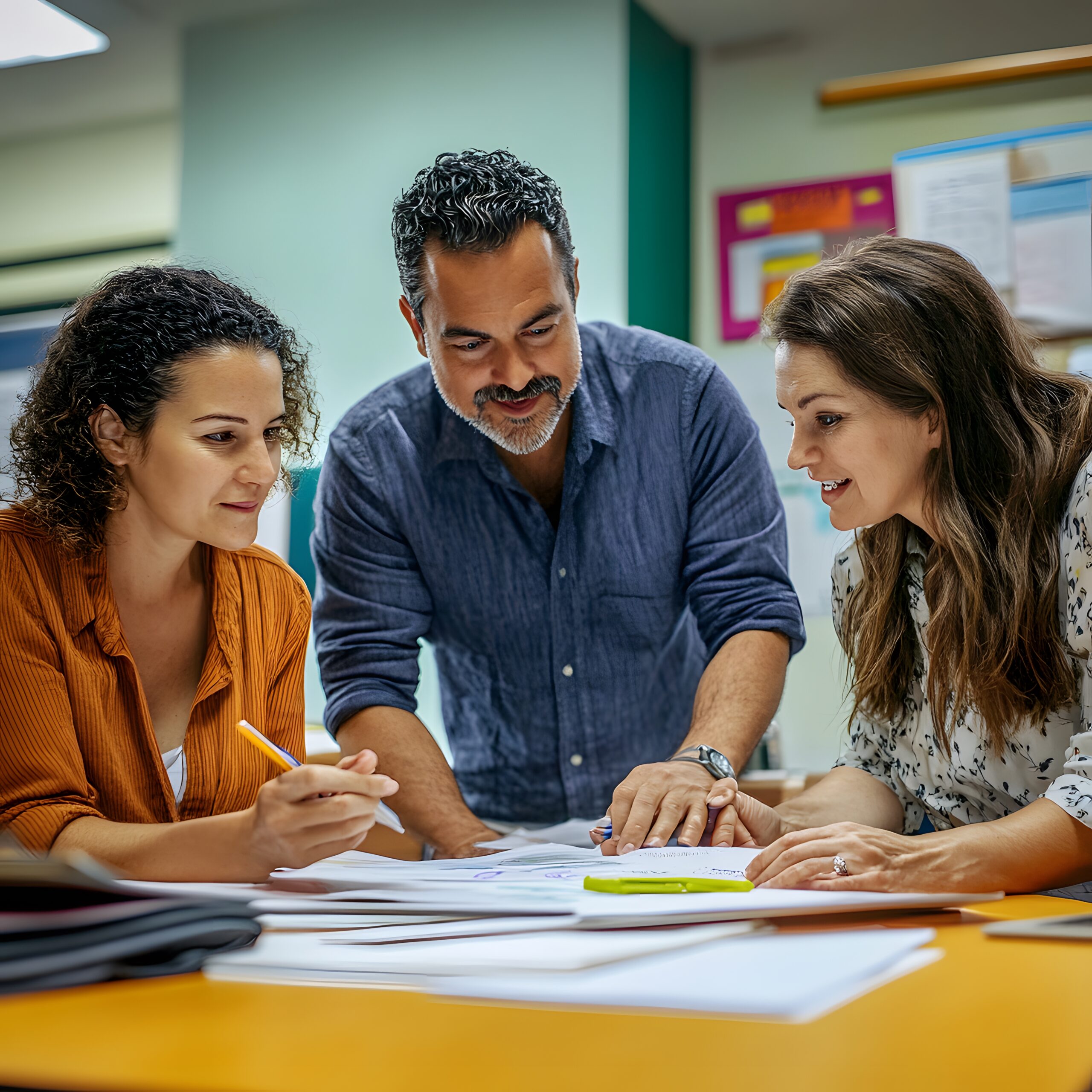 tres-personas-estan-sentadas-en-un-escritorio-con-un-letrero-que-dice-la-palabra-cita-en-el